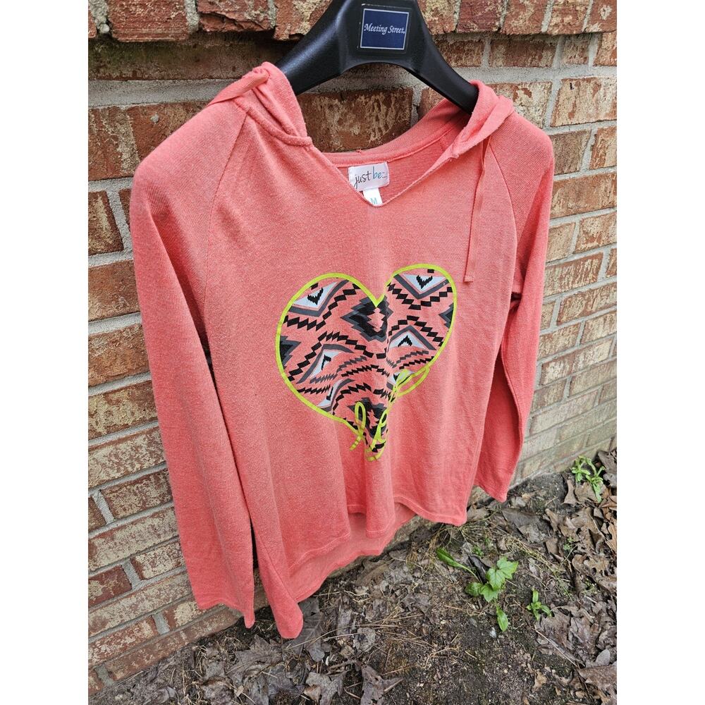 JUST BE Size Medium Lightweight Waffle Knit Hoodie Aztec Heart Love Tribal Boho